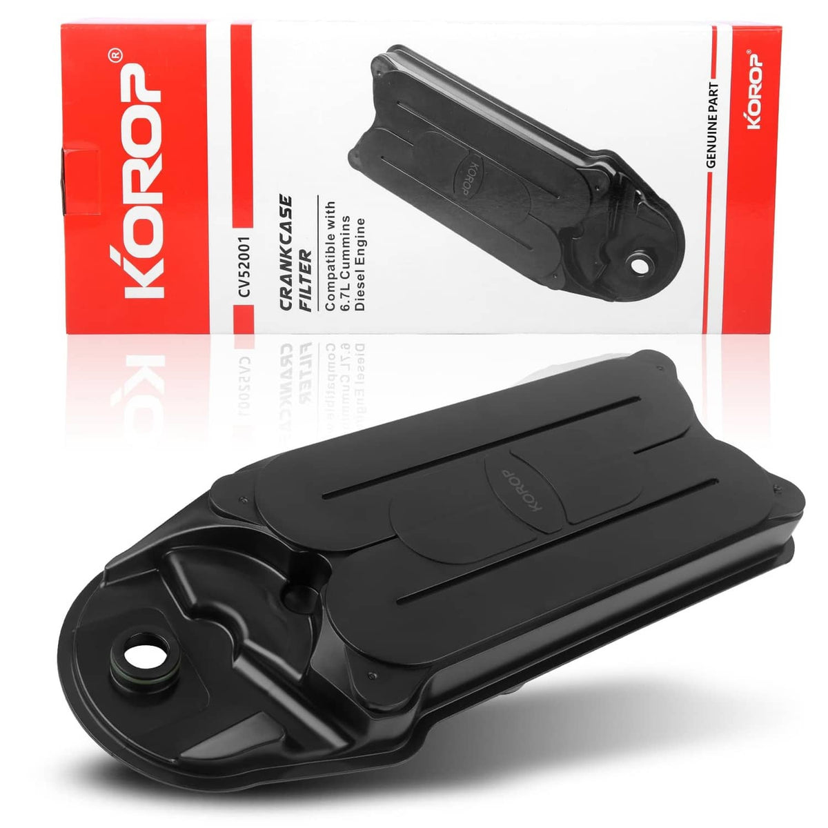 Black crankcase ventilation filter on product box packaging, side view with mounting hole