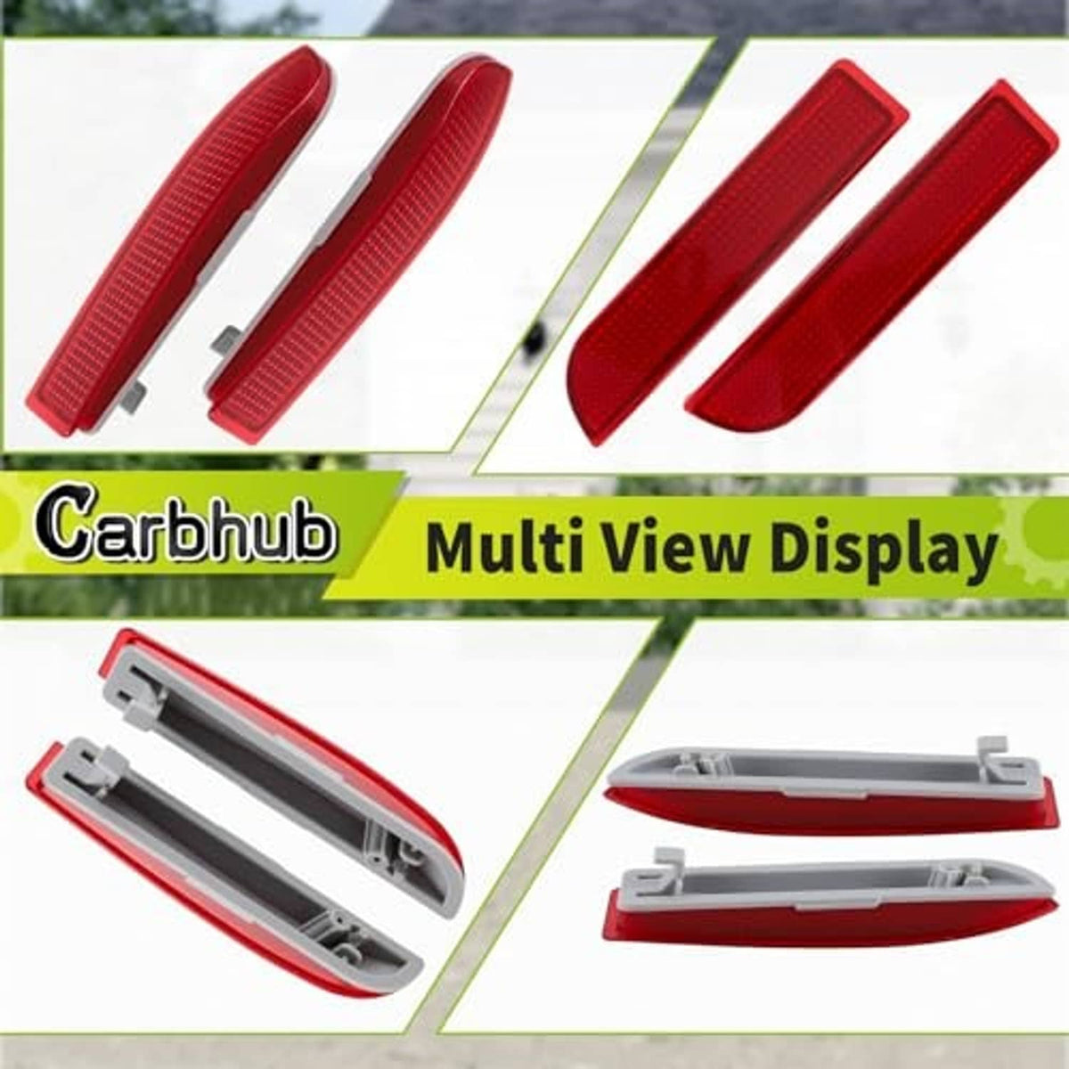 Red rear bumper reflector set with gray backing, multi-view angles