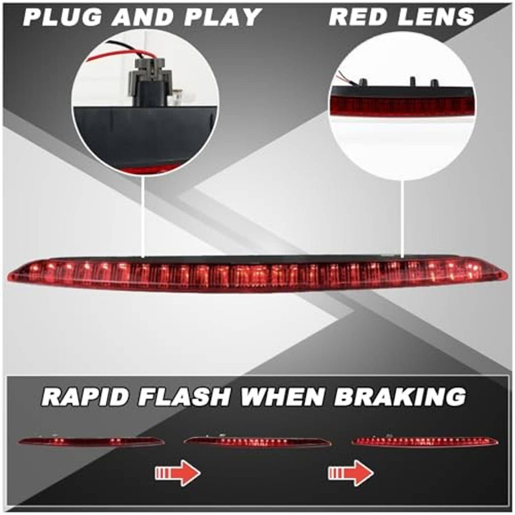 Red LED third brake light bar with red lens, long rectangular design