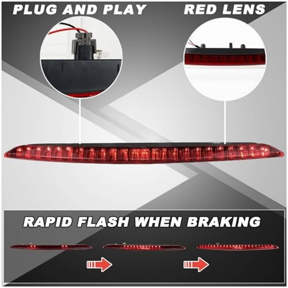 Red LED third brake light bar with red lens, long rectangular design