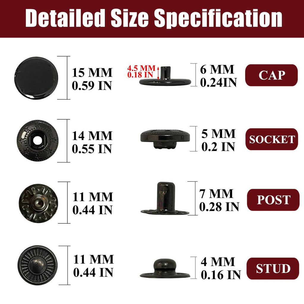 15 mm metal snap fasteners: cap, socket, post, and stud size details