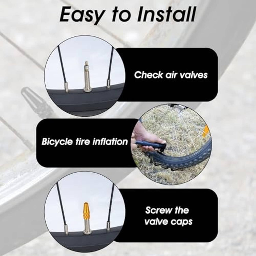 Colorful aluminum Presta valve caps shown as small screw-on caps on an infographic