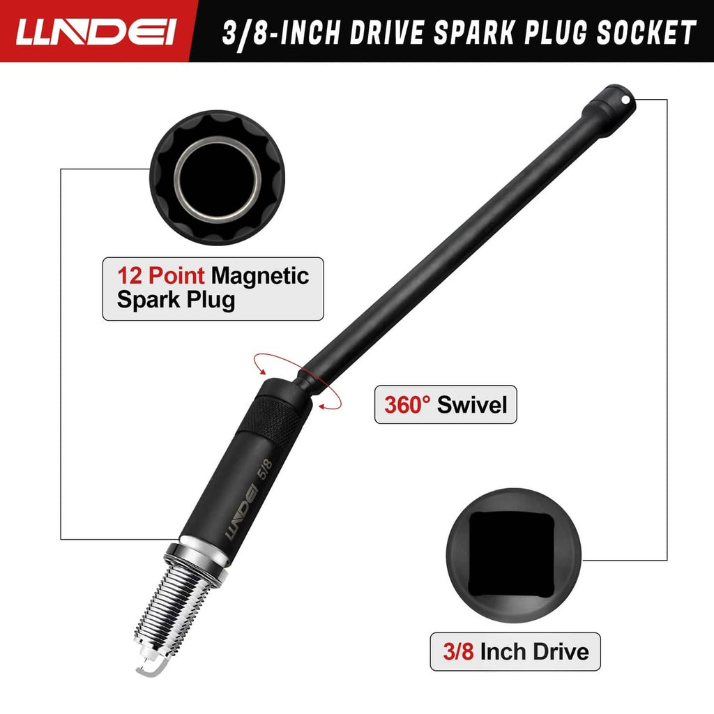 Black magnetic swivel spark plug socket with 12-point magnetic socket end, 3/8-in drive