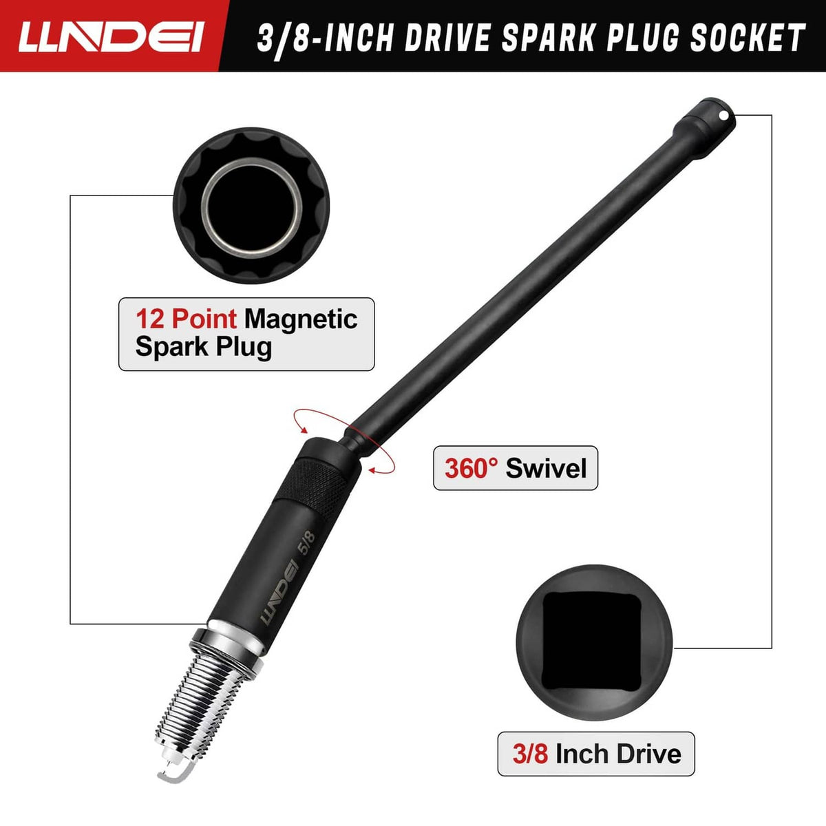 Black magnetic swivel spark plug socket with 12-point magnetic socket end, 3/8-in drive