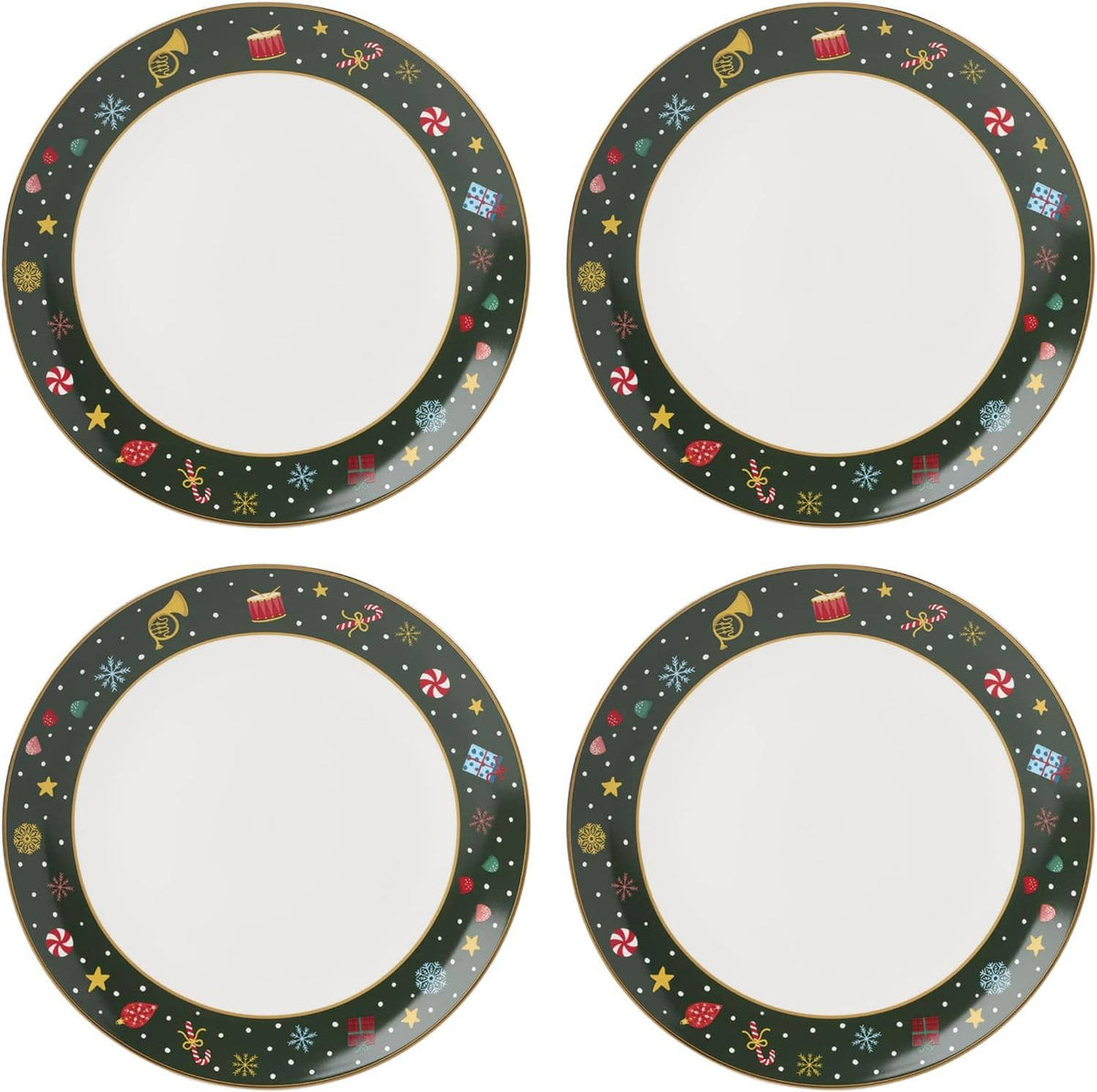 Porcelain dinner plates set of 4 with white centers and dark Christmas border with candy cane icons