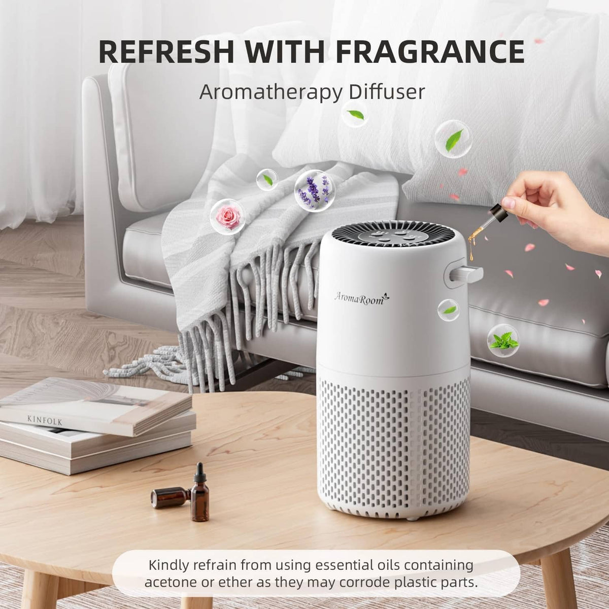 White air purifier with blue-ring top, front vent grille, and aroma diffuser opening