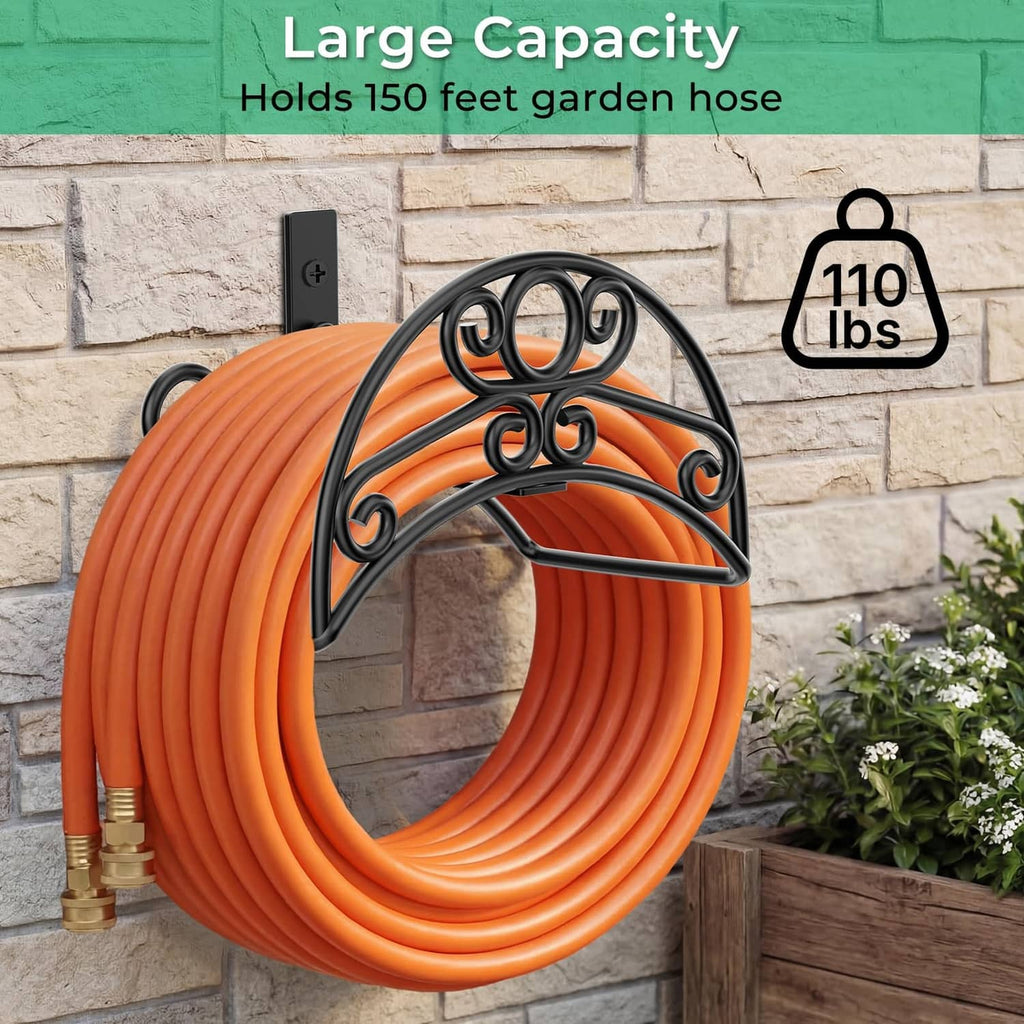 Black metal hose storage wall mount holding a coiled orange garden hose