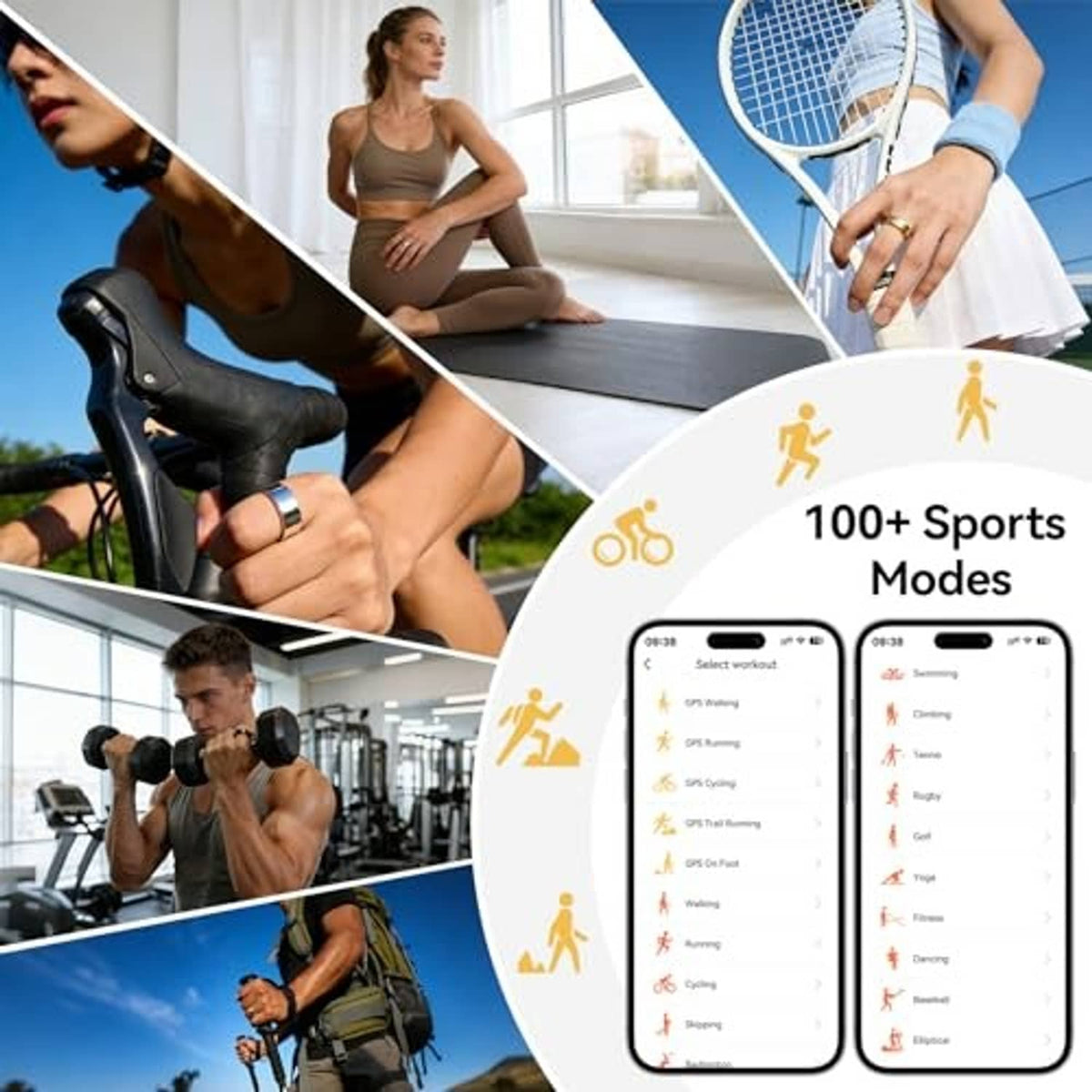 Silver smart fitness tracker ring on hand with sports-mode app displayed on phone