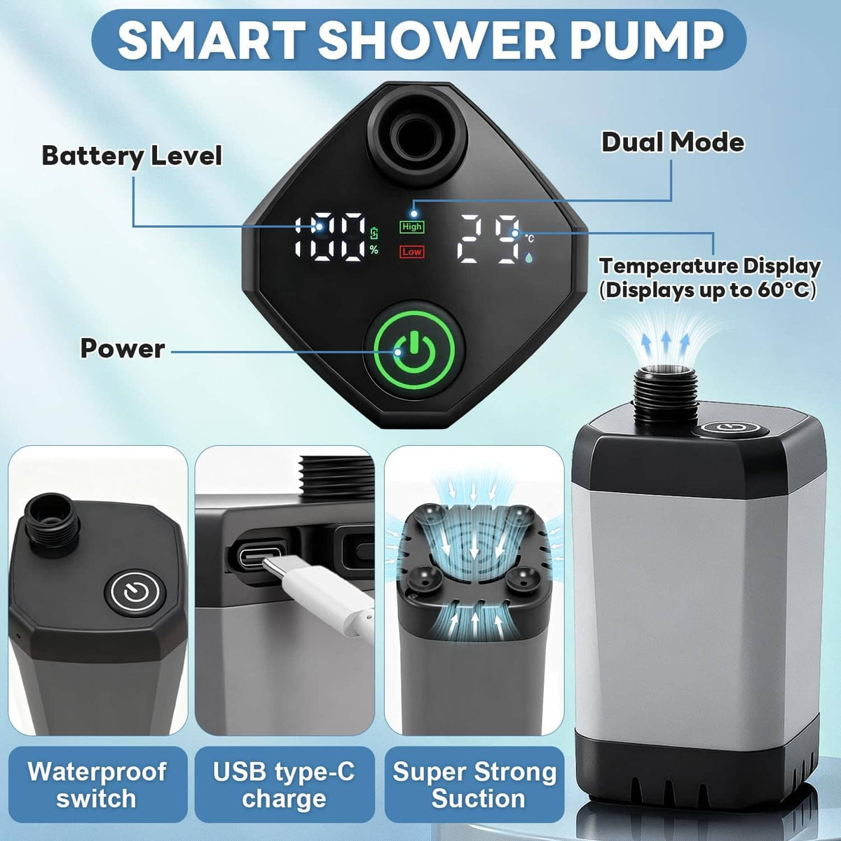 Smart shower pump control unit with digital temperature display and dual-mode buttons