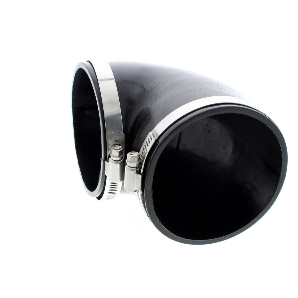 Black exhaust boot elbow with two metal clamps and silver rim, angled inlet