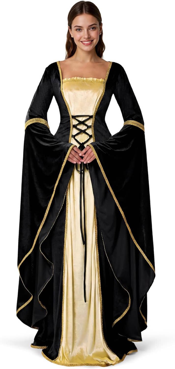 Women’s black velvet renaissance dress with cream bodice, lace-up front, gold-trimmed cape sleeves