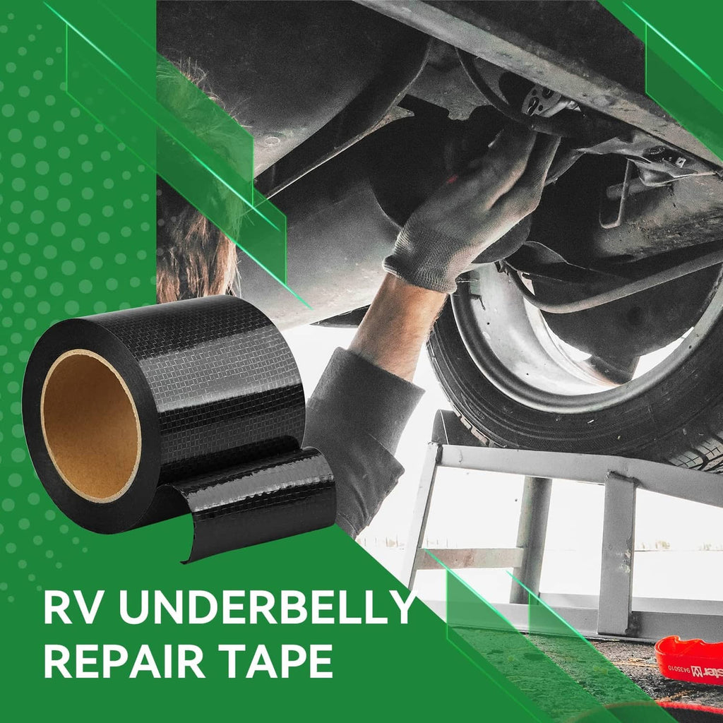 Black RV underbelly repair tape roll beside a hand applying tape