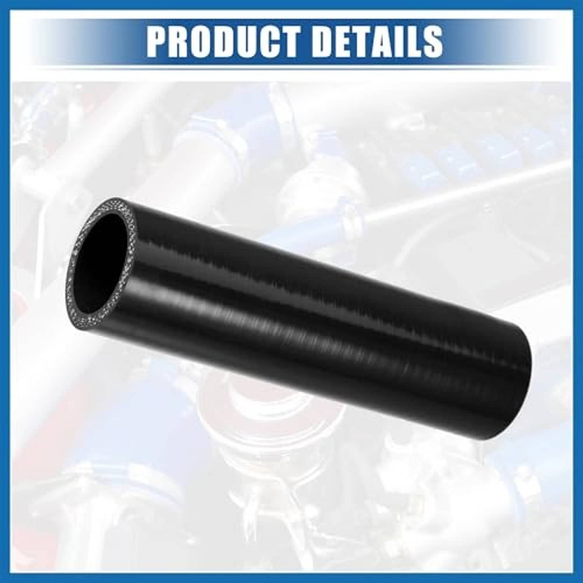 Black reinforced silicone straight coupler hose, side view showing ribbed surface.