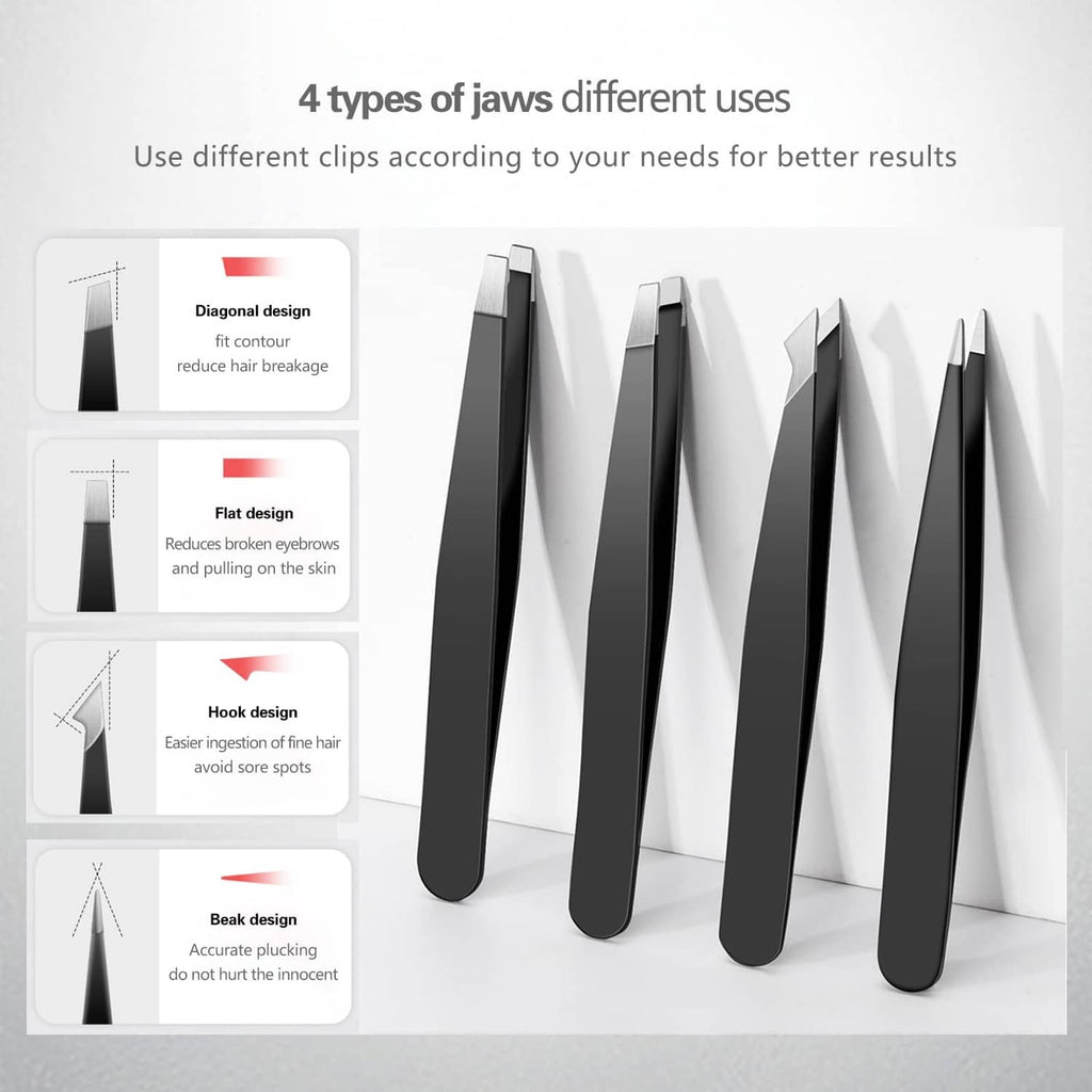 Black tweezers set featuring four different jaw tip shapes