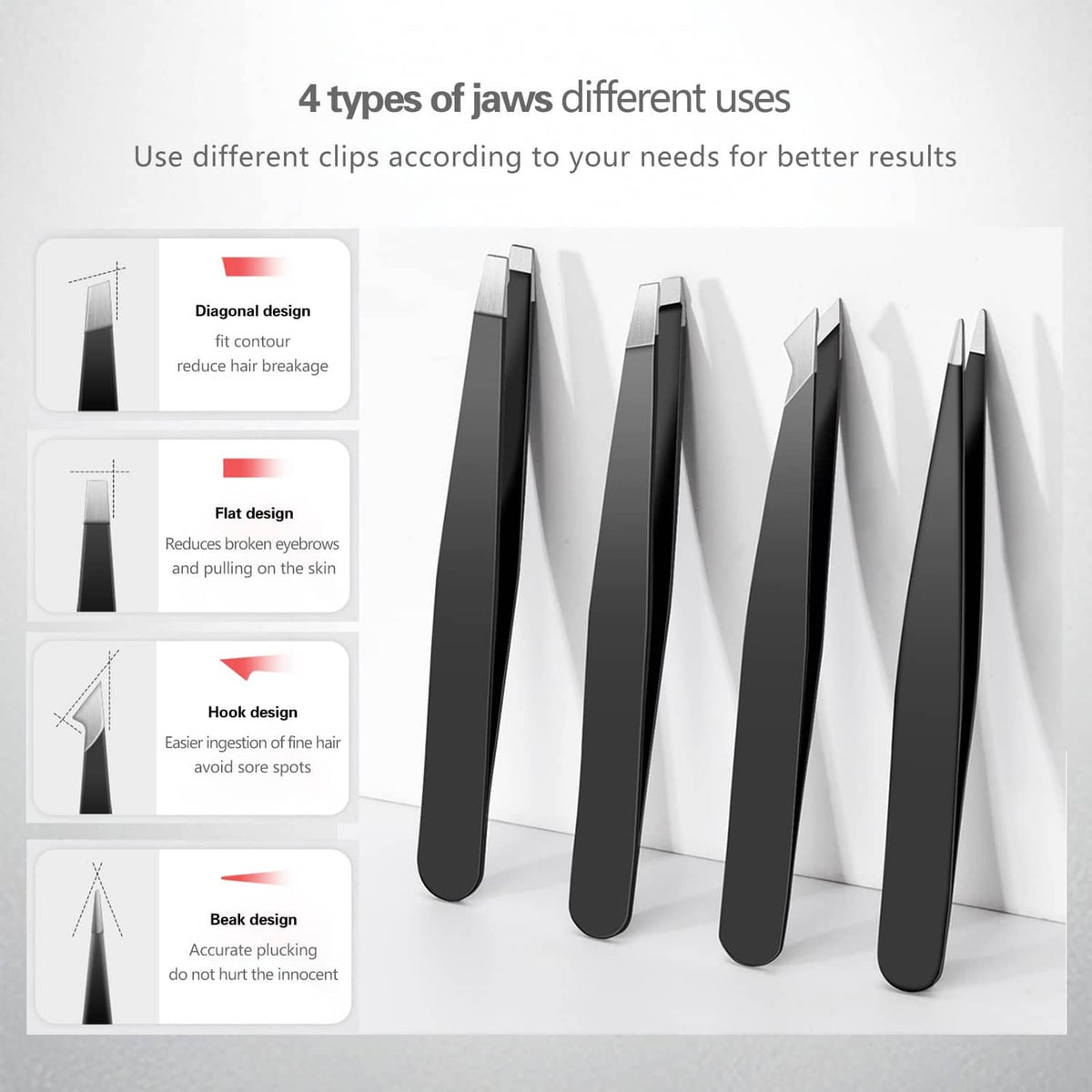 Black tweezers set featuring four different jaw tip shapes