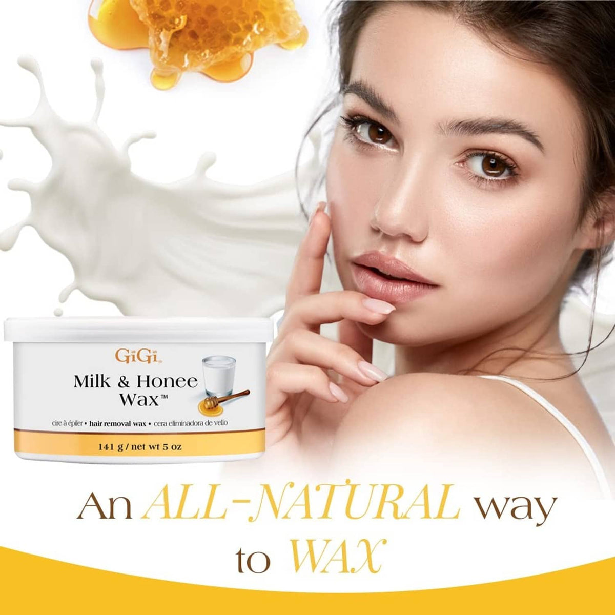 Milk and Honnee hair removal wax tub with honey wax scoop and applicator