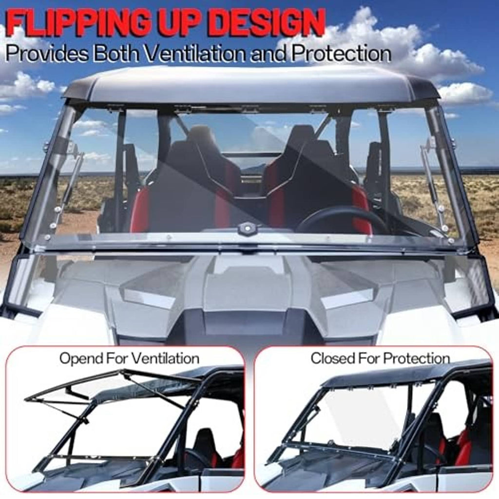 UTV flip windshield with vent-open and protection-closed positions on the frame