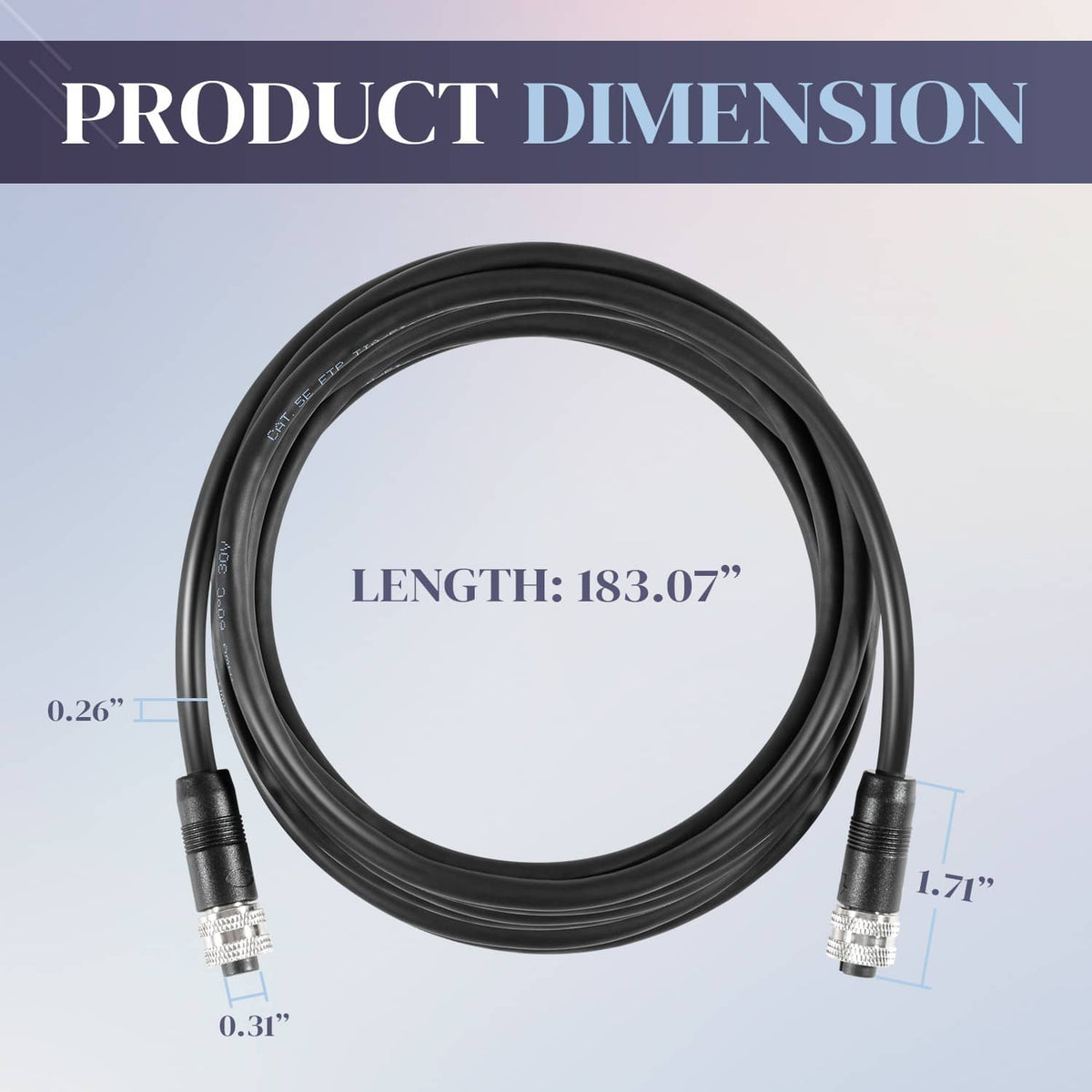 Black Ethernet cable coil with metal connector ends and size guide markings