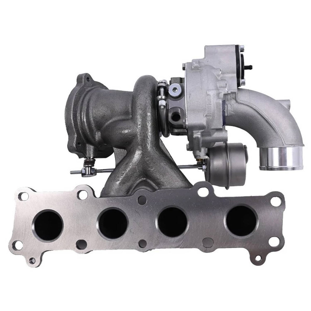 Turbocharger with cast exhaust manifold and inlet/outlet housings, mixed silver and dark