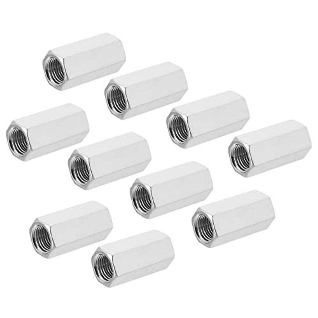 Pack of hex coupling nuts with M10x1 fine thread, silver finish, cylindrical hex body