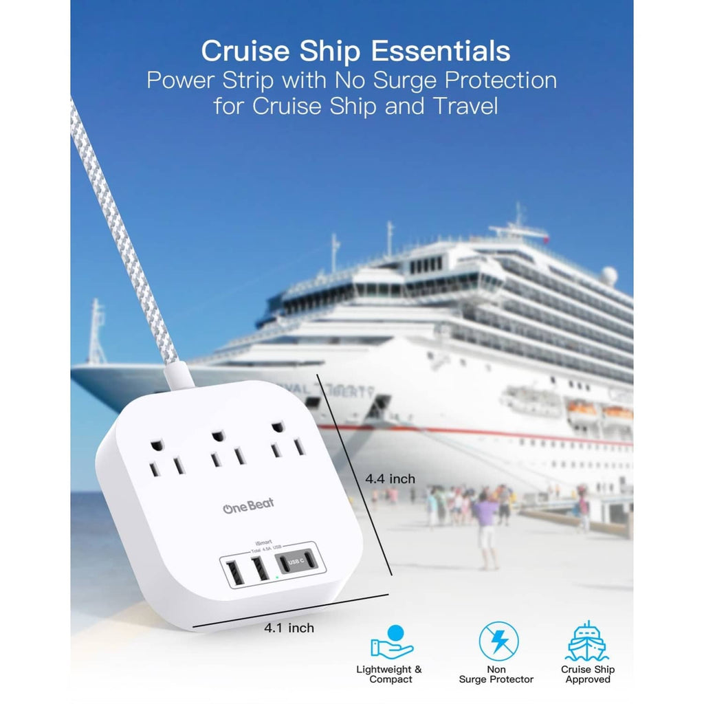 White power strip with three AC outlets and dual USB ports, compact plug design