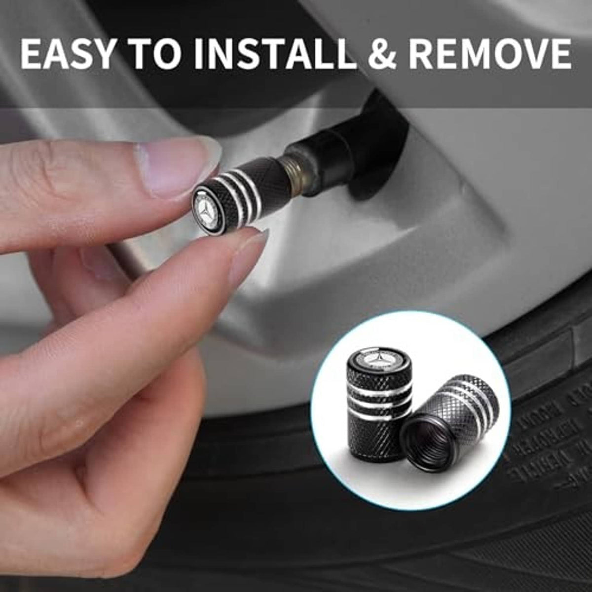 Black tire valve stem cap installed on a wheel valve with textured side grip