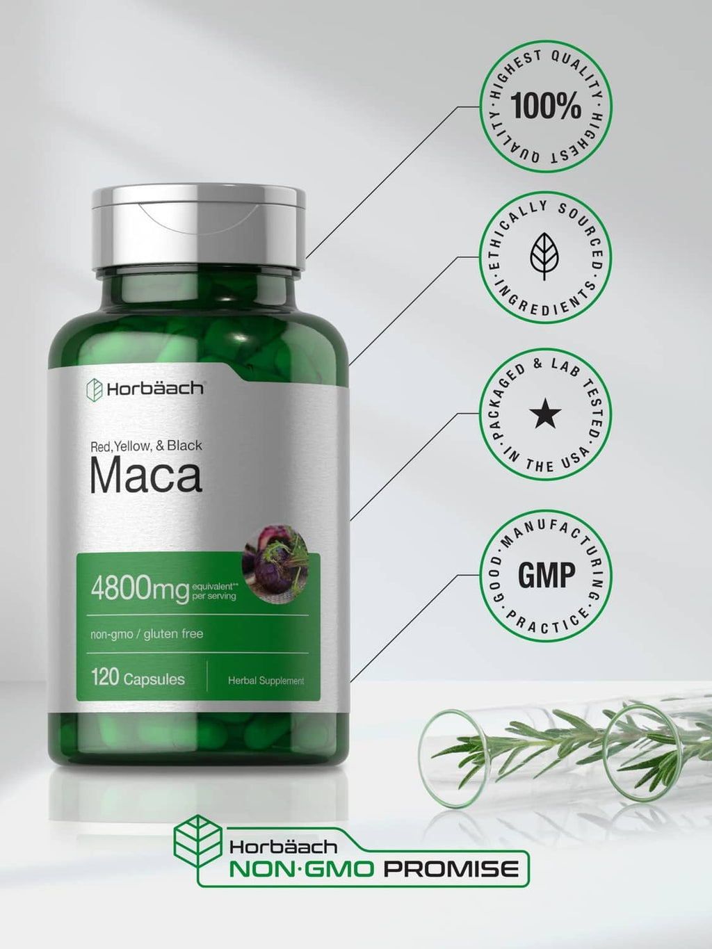 Horbäach maca root capsules bottle, 120 count, green supplement jar