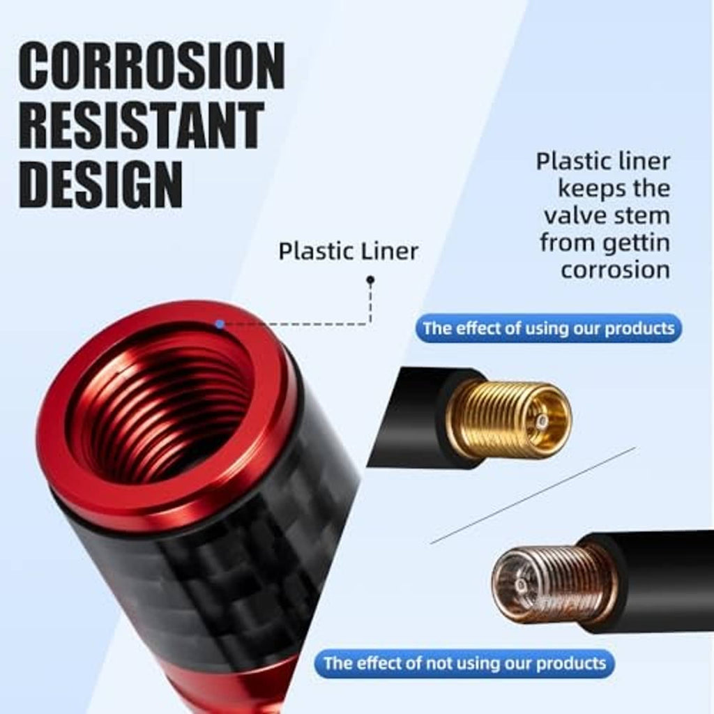 Carbon fiber tire valve cap with red metal outer ring and visible inner threads.