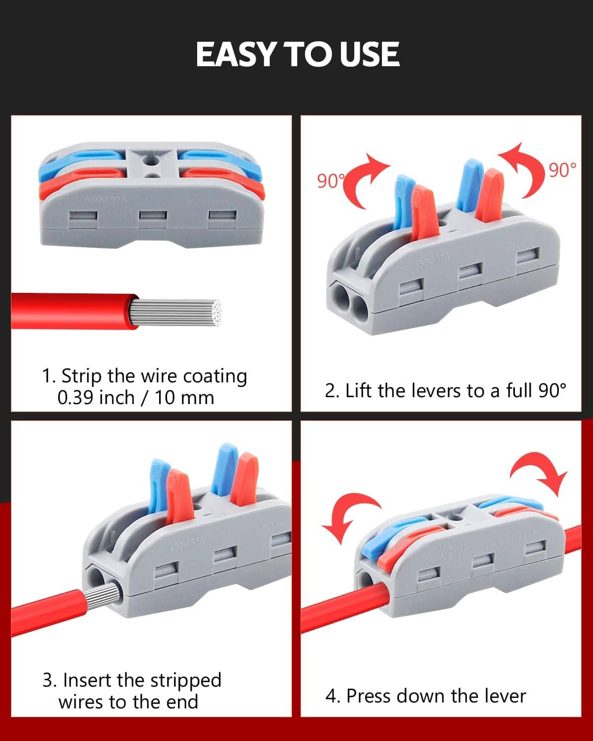 Gray push-in lever wire connector with red and blue levers, for stripped wire ends