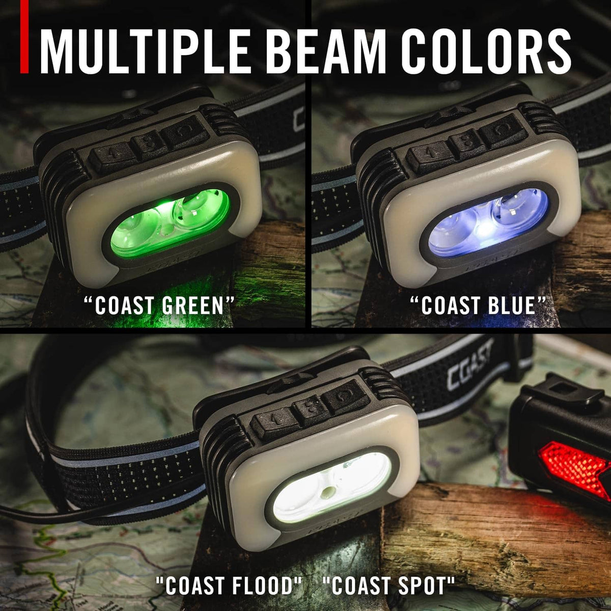 COAST headlamp showing green and blue LED beam colors on front module