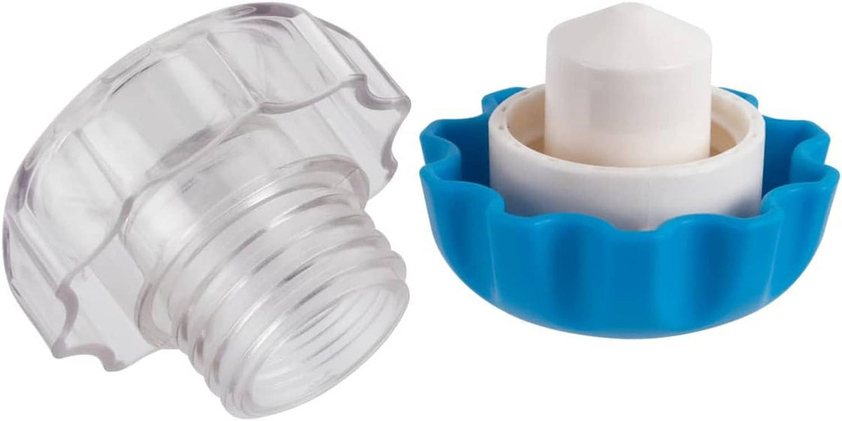 Blue pill crusher base with white stopper and clear crushing parts, split view.