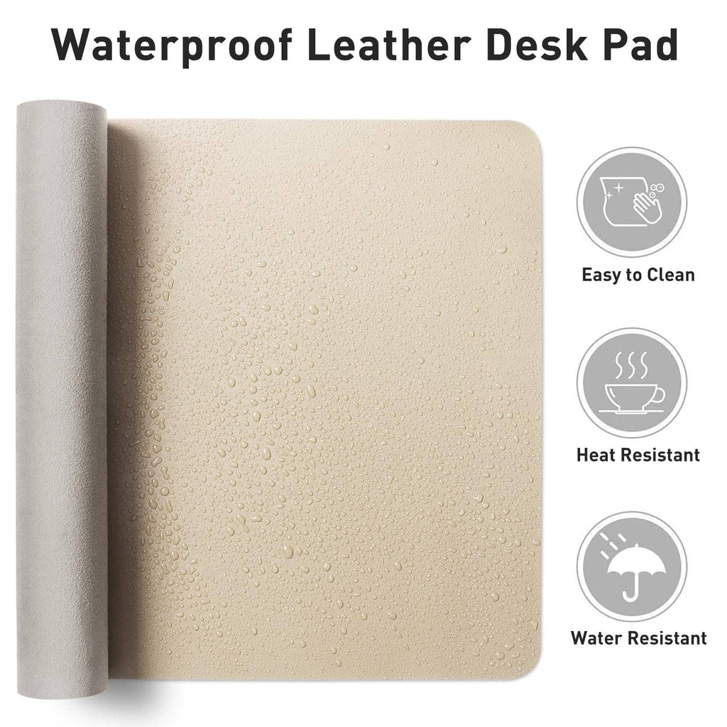 Beige water-resistant leather desk pad roll with droplet-textured finish