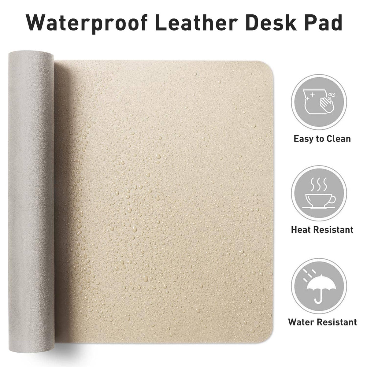 Beige water-resistant leather desk pad roll with droplet-textured finish