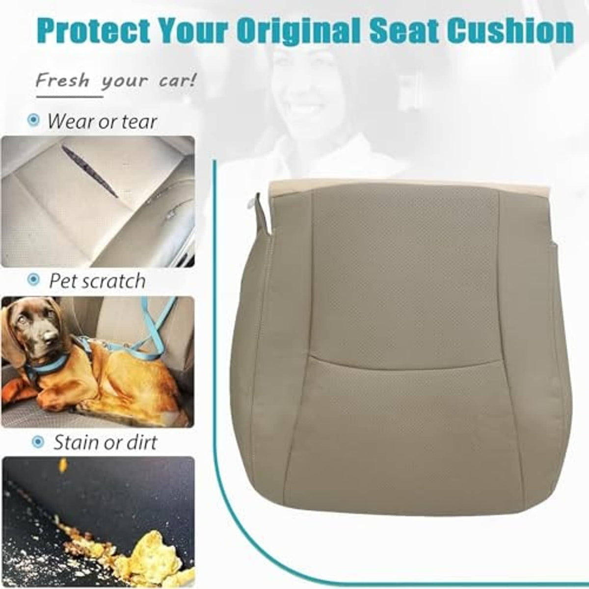 Tan perforated leather seat cover replacement, contoured back and side ties