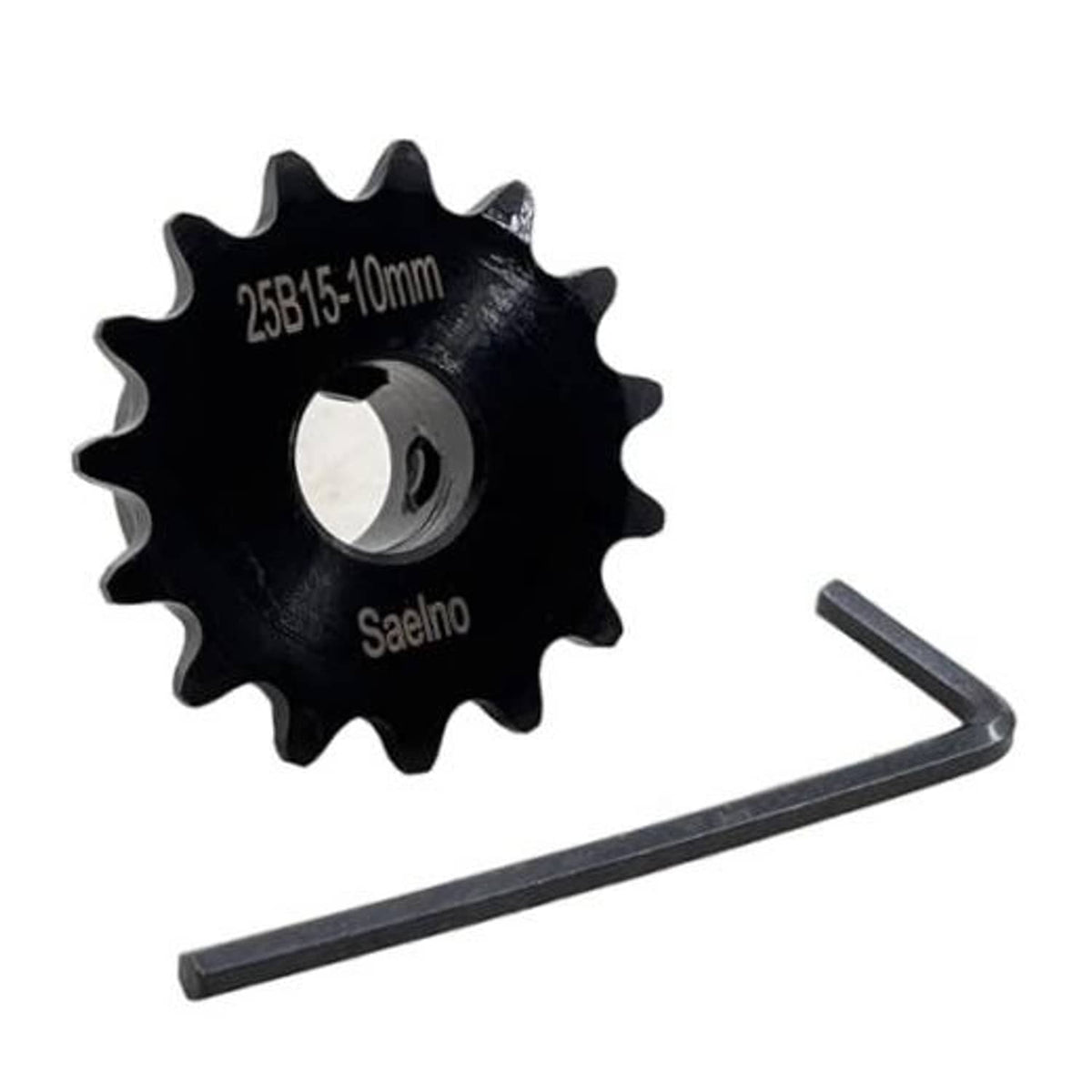 Black steel roller chain sprocket, 15 teeth, 10mm bore, hardened finish