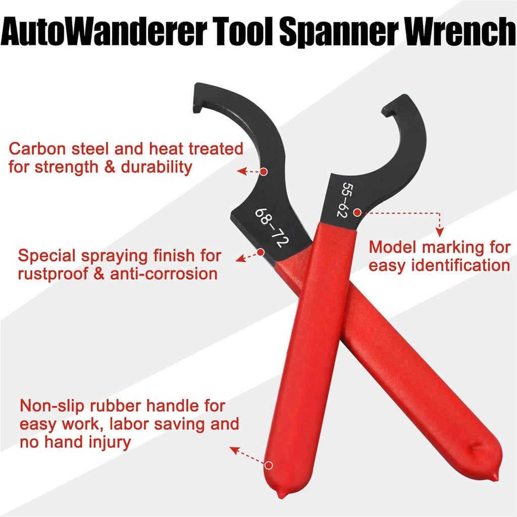 Red-and-black coilover spanner wrench with stamped sizes on adjustable hook jaw