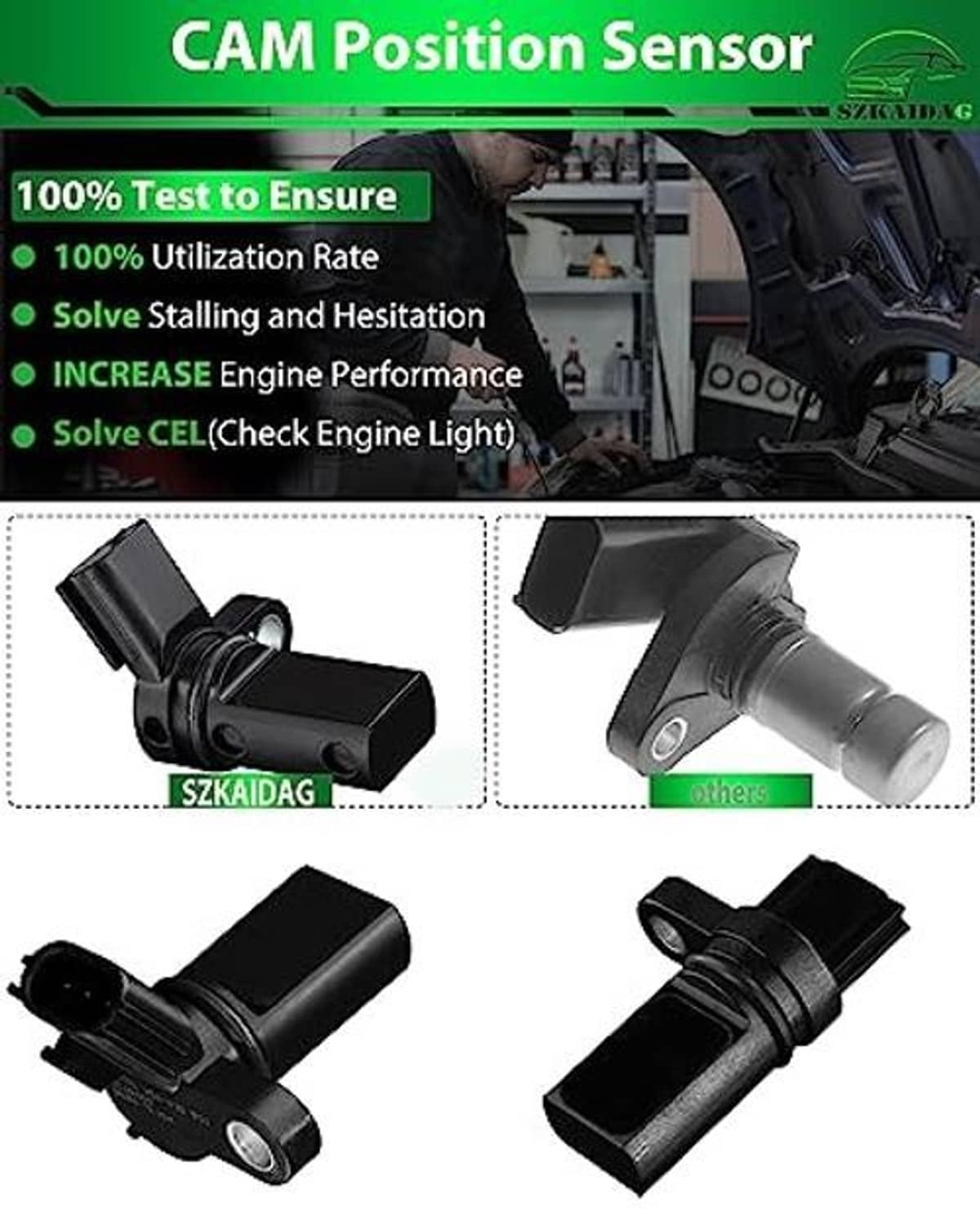 Black camshaft position sensor shown in multiple angles with connector