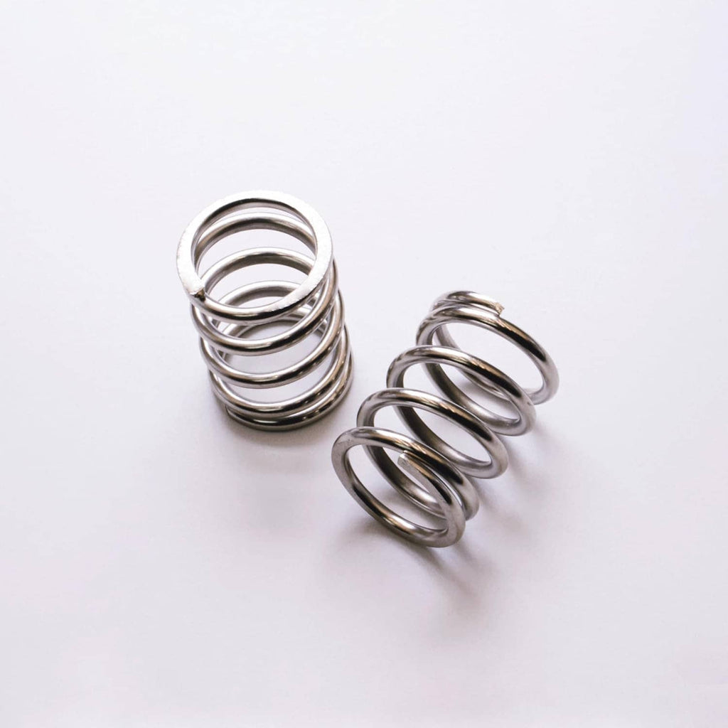 Nickel-plated valve springs, two coiled springs laid flat on a light background