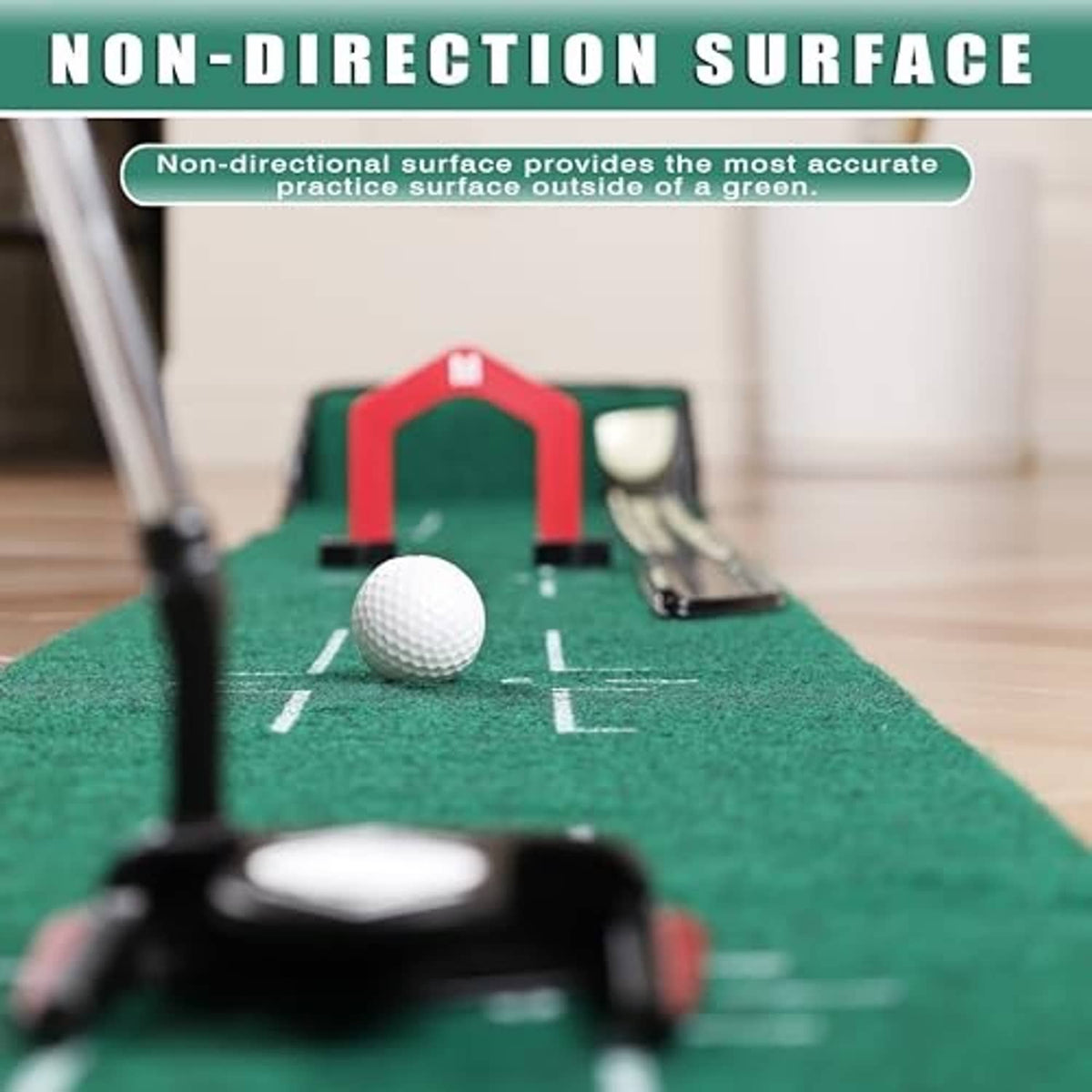 Green putting mat with non-directional target markers and golf ball near center