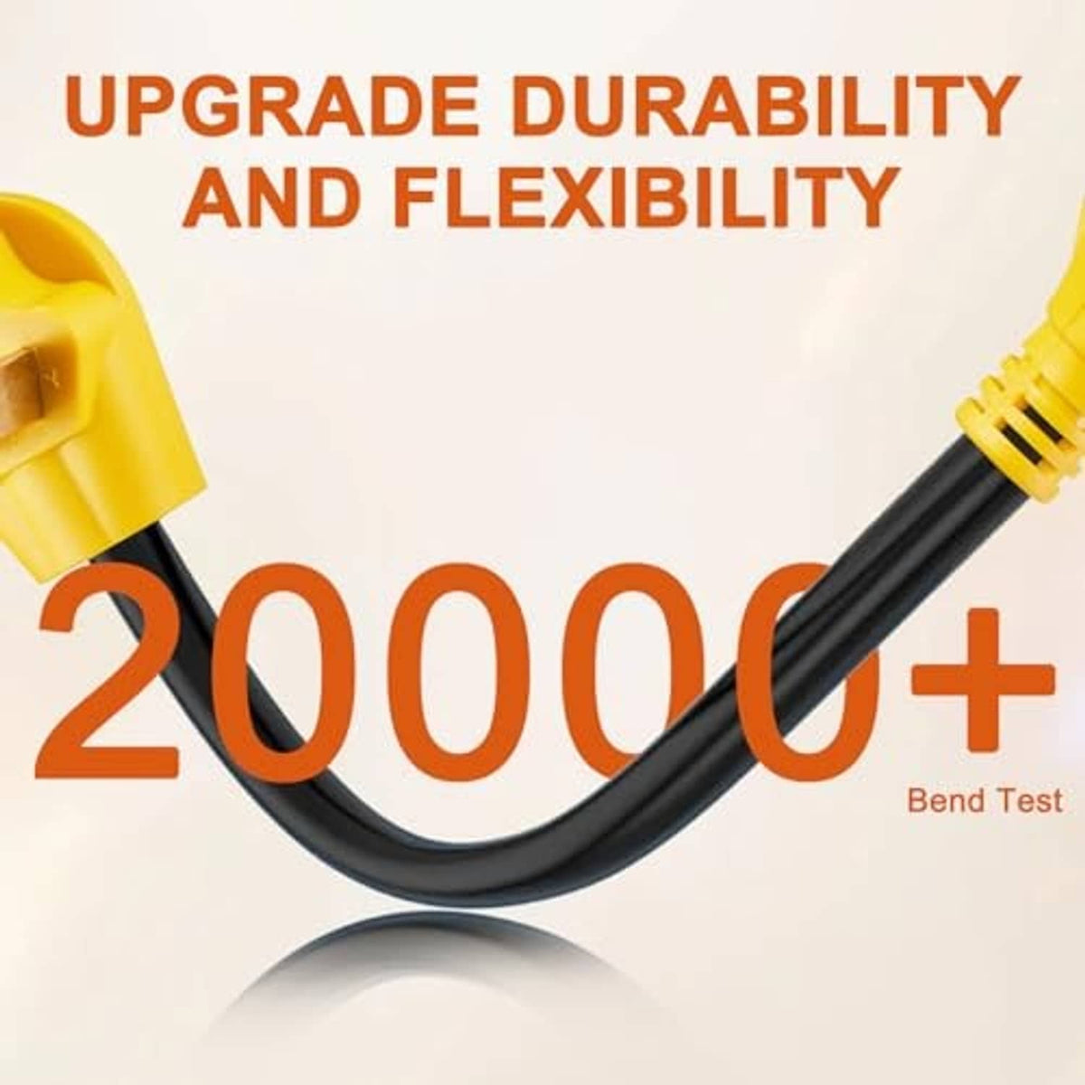 Curved black power cord adapter with yellow molded plug ends