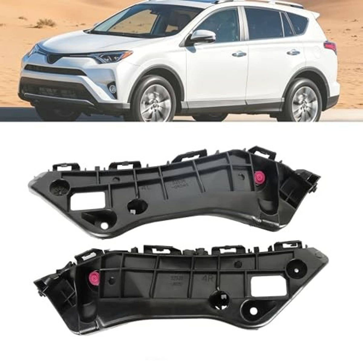 Black two-piece front bumper bracket set with mounting openings and tabs