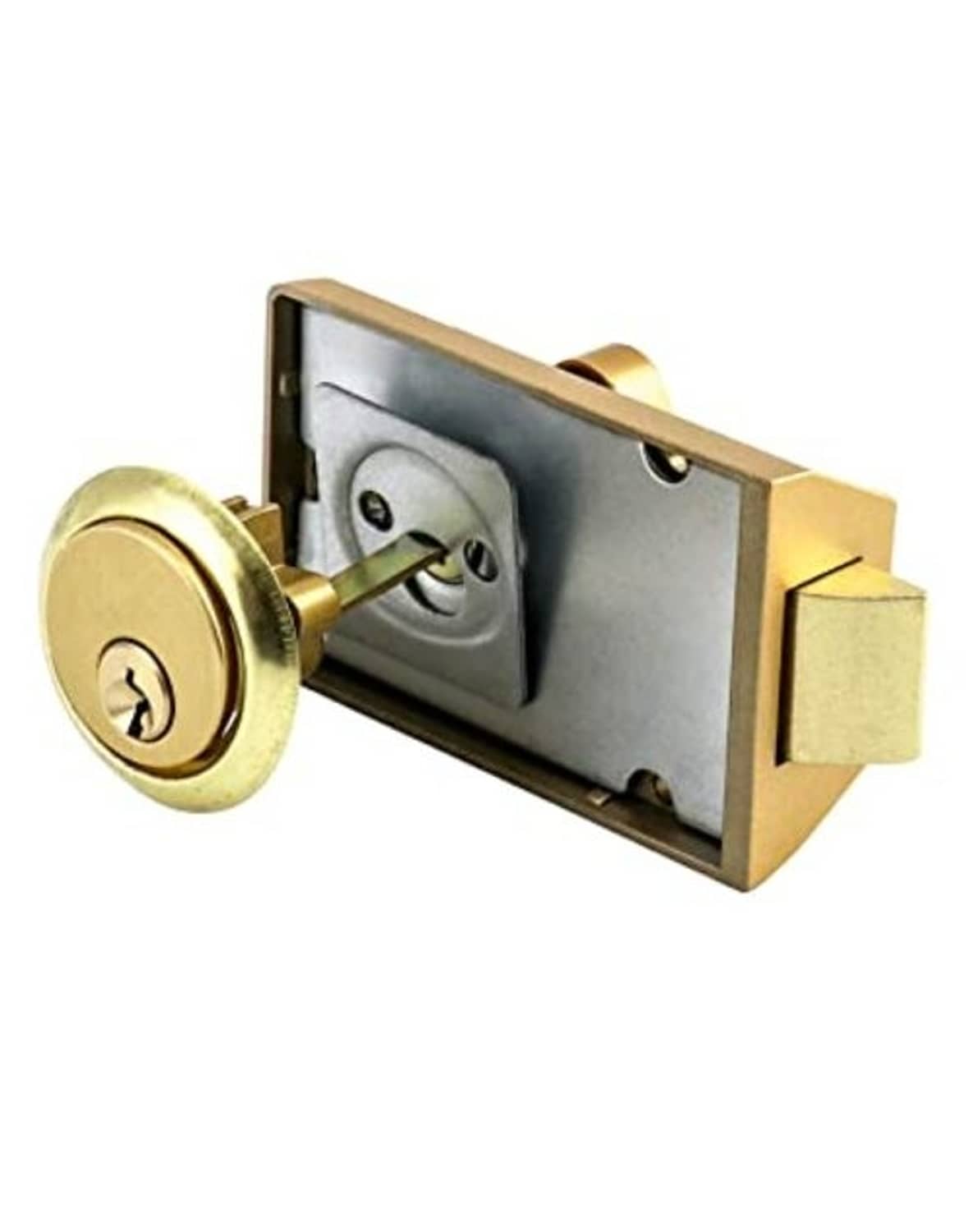 Gold rim deadbolt lock, side view with cylinder housing and key
