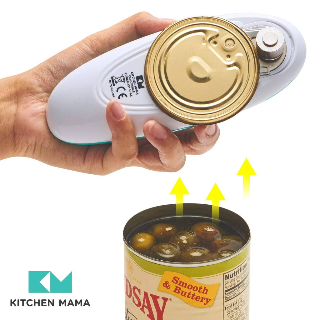 Teal and white electric can opener underside with gold lid opened