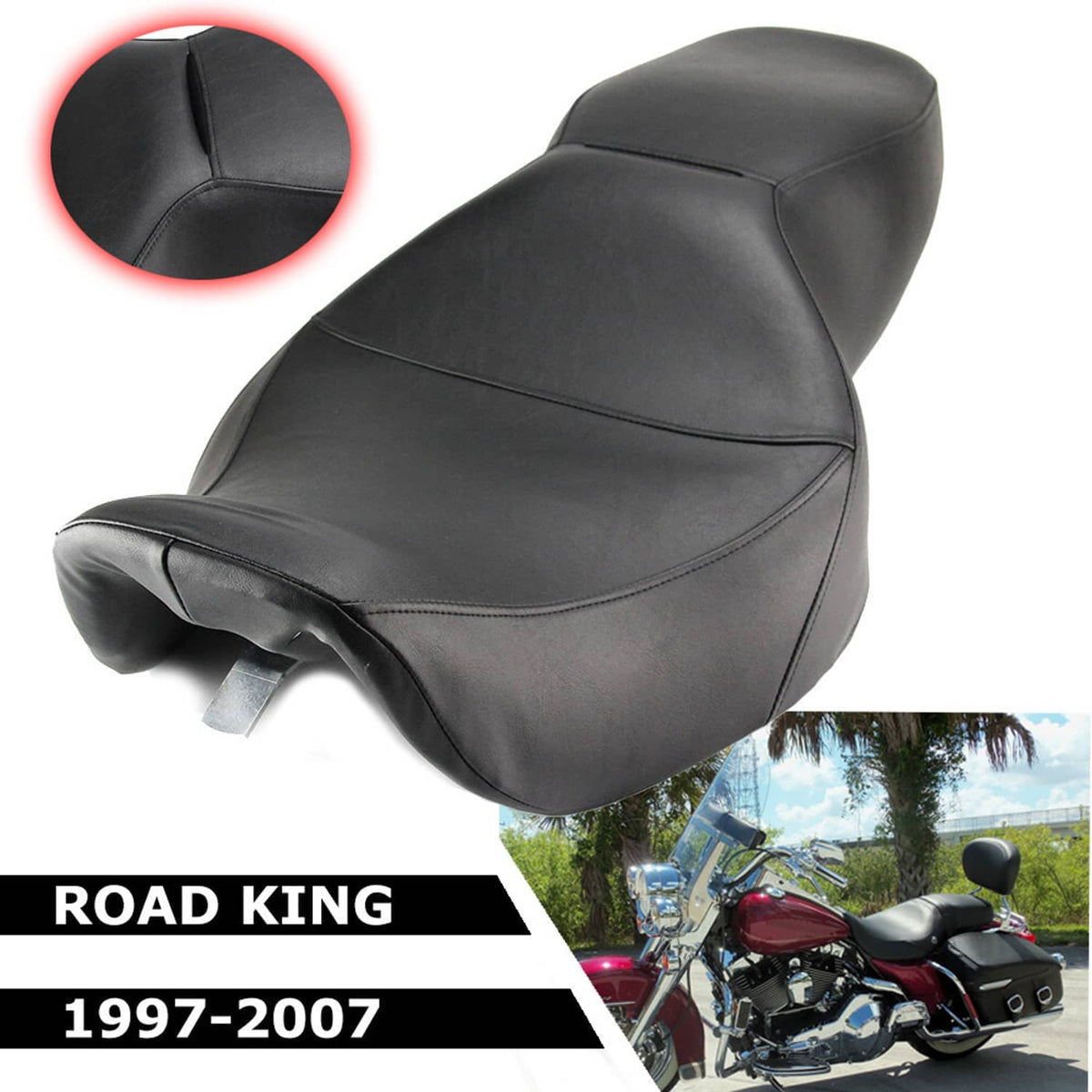 Black two-up motorcycle seat with thick rear backrest shape and stitched contour lines
