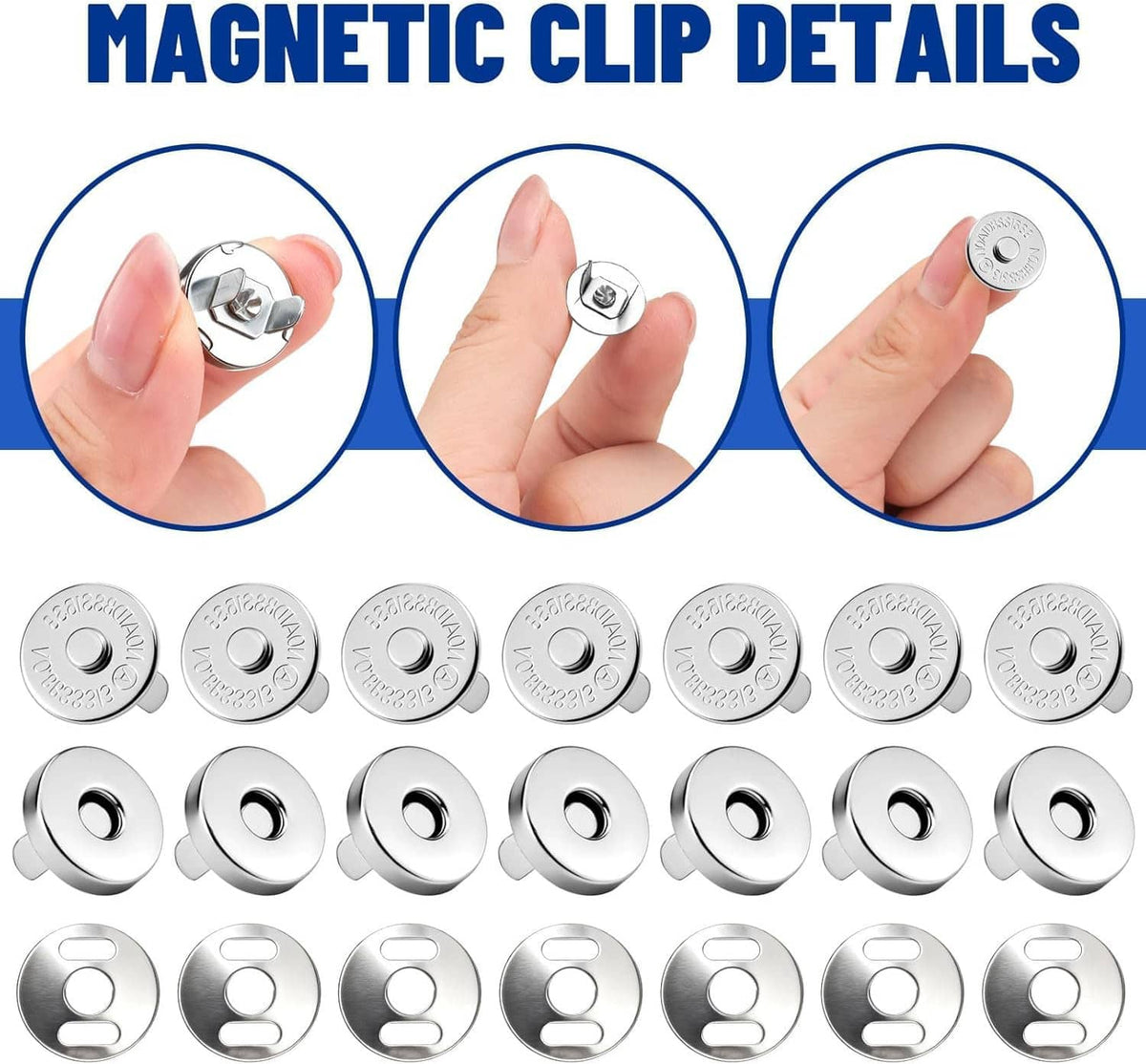 Magnetic snap clip details with multiple silver snap buttons and hands pressing the closure