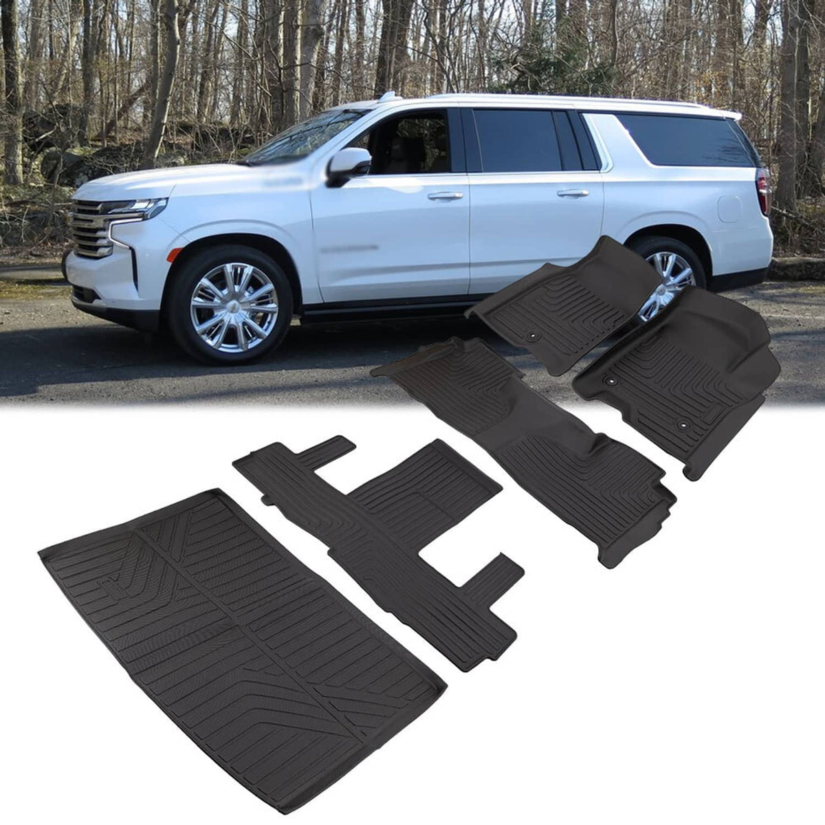 Black rubber 2nd-row floor mat liners set with molded ridges, shown separated