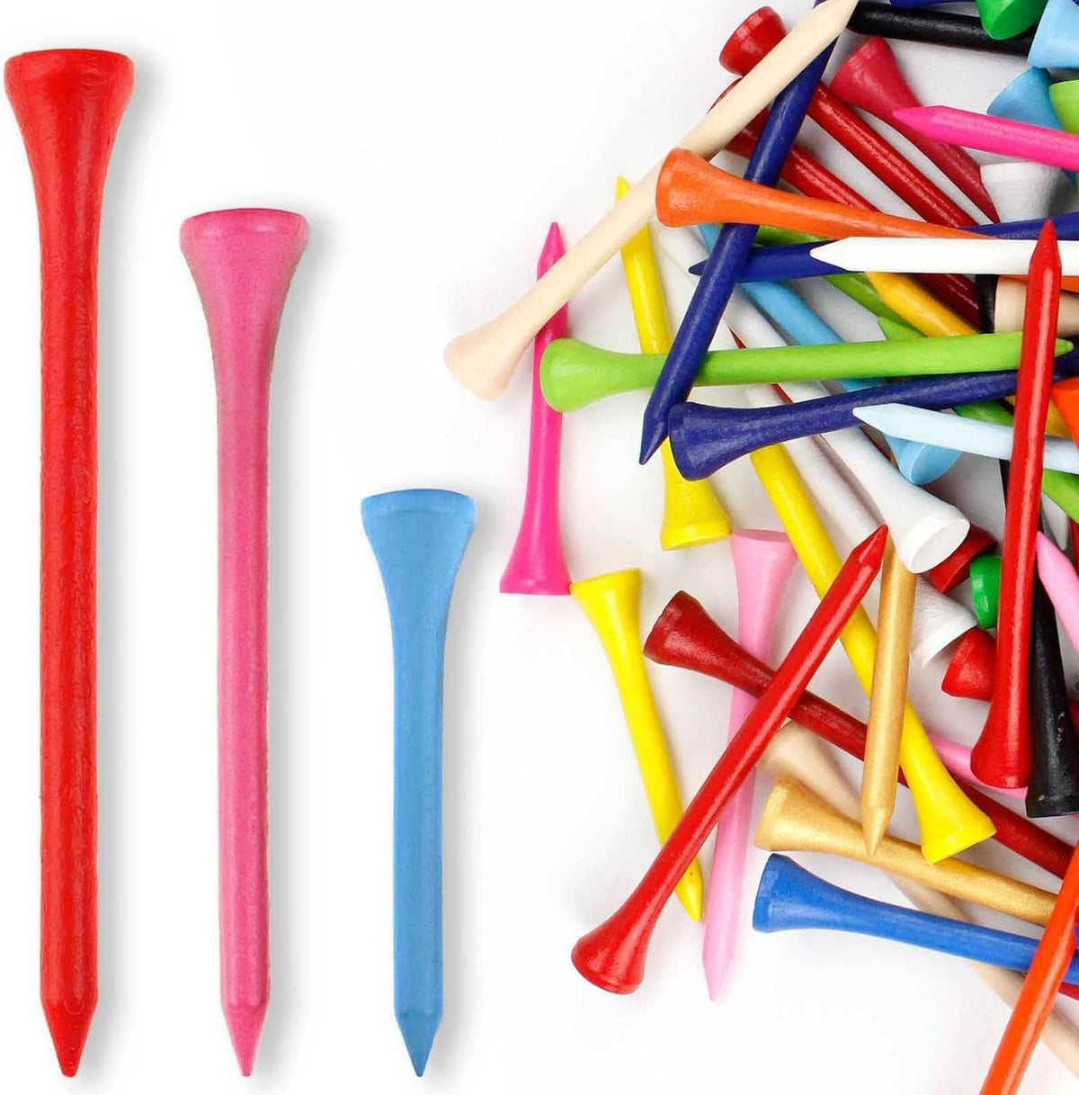 Assorted colorful wood golf tees, showing red, pink, and blue tees with a mixed pile