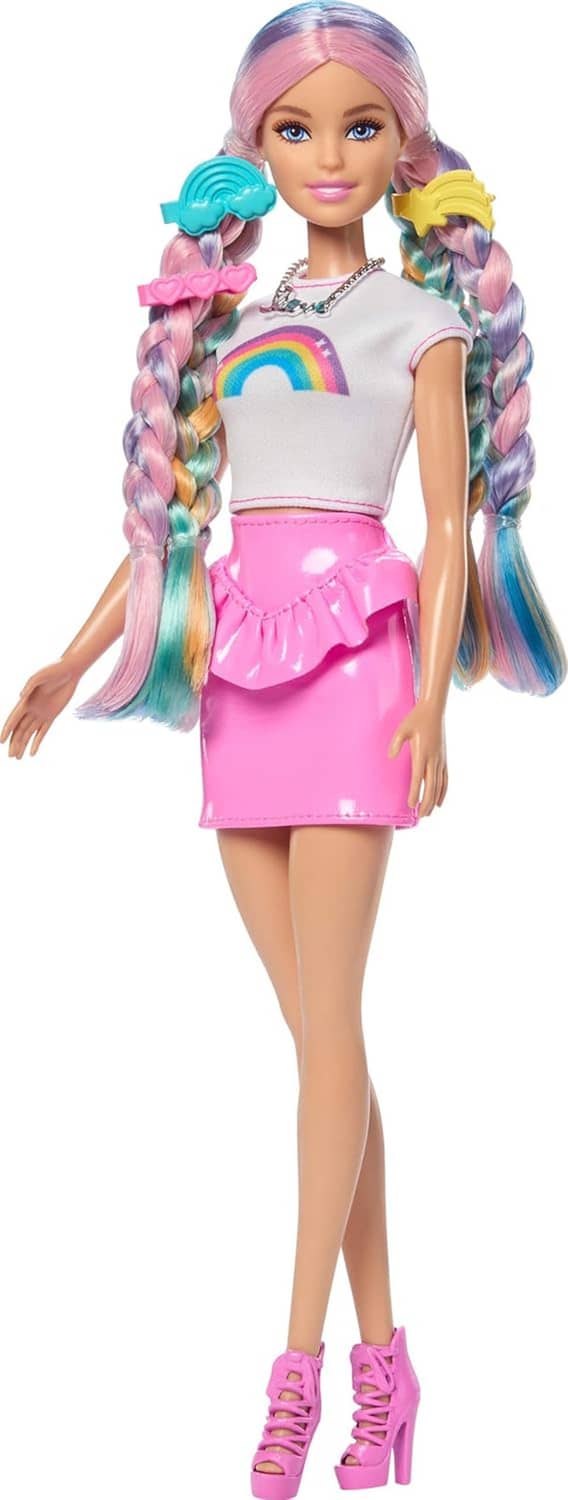 Rainbow hair sparkle doll standing with braided pigtails and colorful streaks; pink outfit.