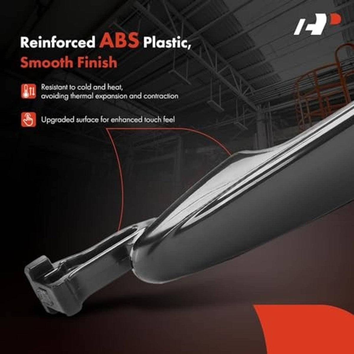 Smooth black exterior door handle with molded mounting bracket, ABS plastic