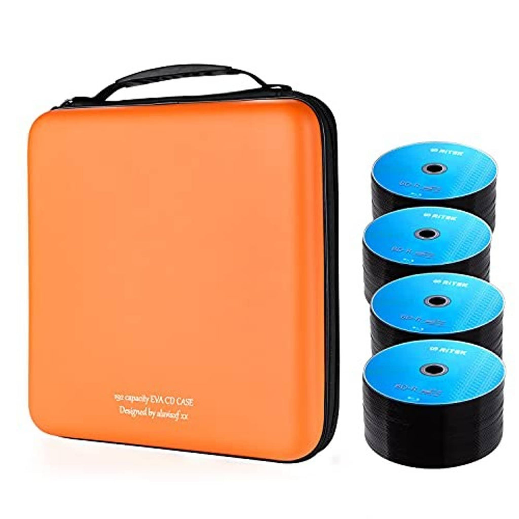 Orange CD disc case with zipper, shown holding multiple blue CD discs